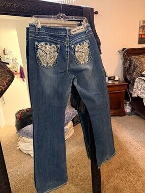 Miss Chic Jeans Bootcut Embellished Studded Rhinestones Lowrise about Size 15